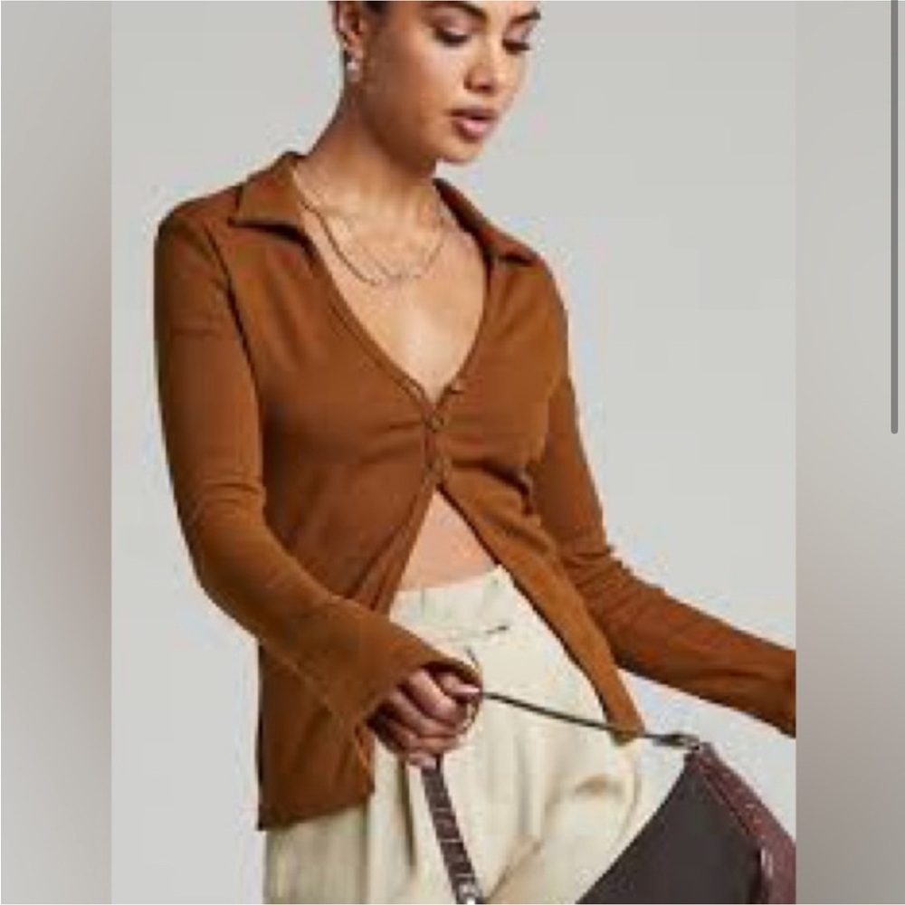 NWT SHOWPO Brown Long Sleeve Button-Up Top